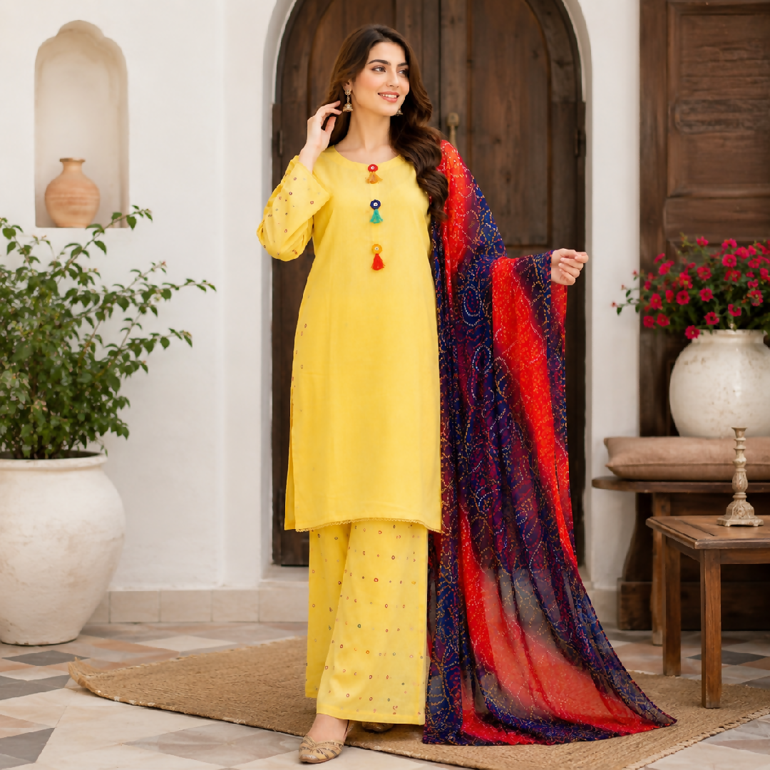 Womens Stitched 3 Piece Lawn Cotton Suit Ready to Wear Yellow Embroidered Kurti Printed Palazzo Bandhani Dupatta Pakistani Ladies Dress