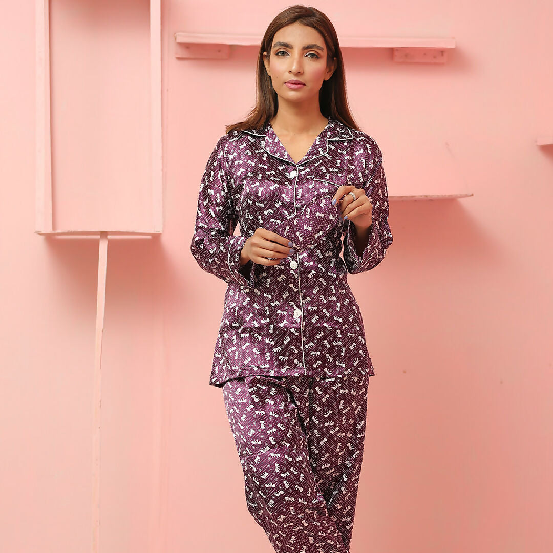 Elegant Purple Printed Cotton Pajama Set for Women – Button-Down Nightwear