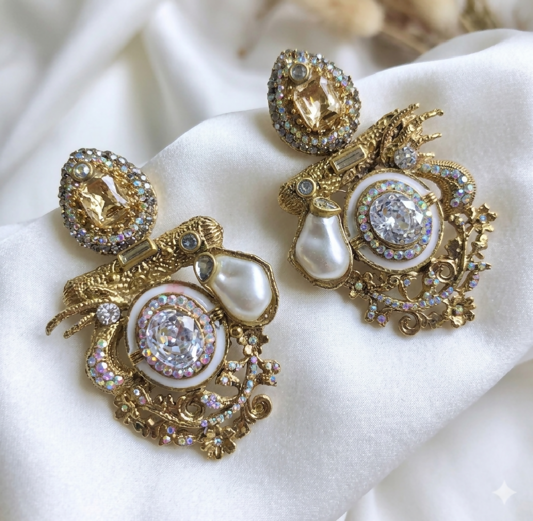 Baroque Opulence Champagne and Pearl Statement Turkish Earrings