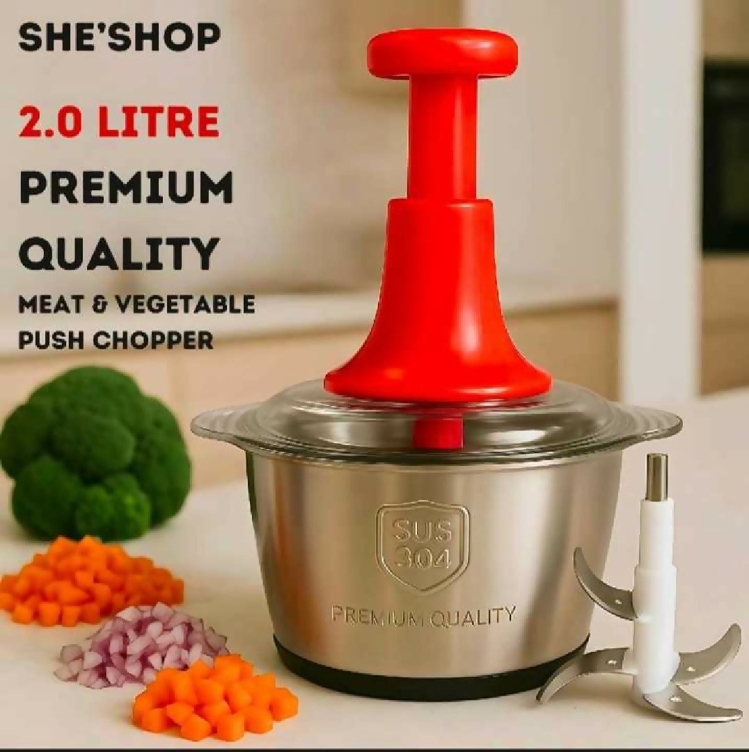 2 0Litre 4 Blades Premium Quality Meat and Vegetable Push Chopper with Stainless Steel Bowl