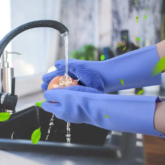 Silicone Washing Gloves Reusable Dishwashing Scrubber Gloves with Built-in Brush