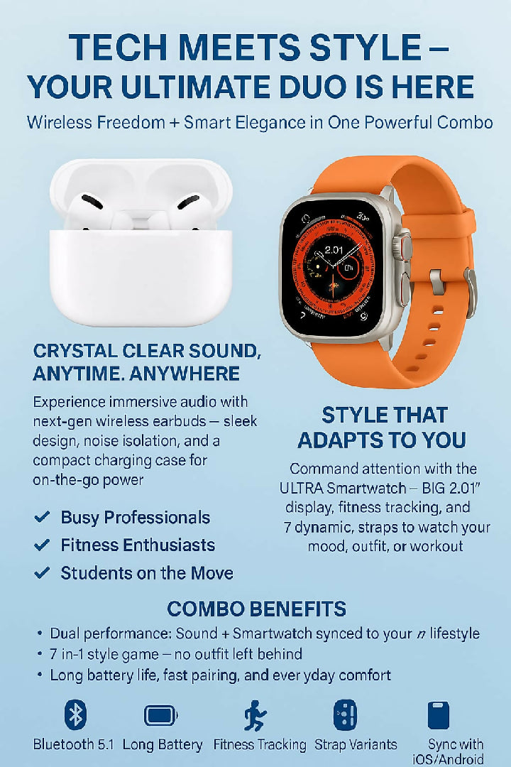 AirPods Pro 2 Ultra 7 in 1 Smartwatch Combo Premium Sound Style Deal