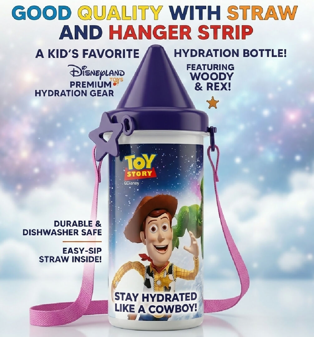 Kids Water Bottle 500ml With Straw And Hanger Strip Toy Story Cartoon Design BPA Free Plastic School Bottle