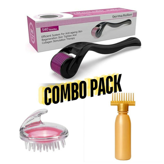 3 in 1 Combo Deal - 1 Derma Roller 0-5mm - Silicone Scalp Massage Brush - Oil Bottle