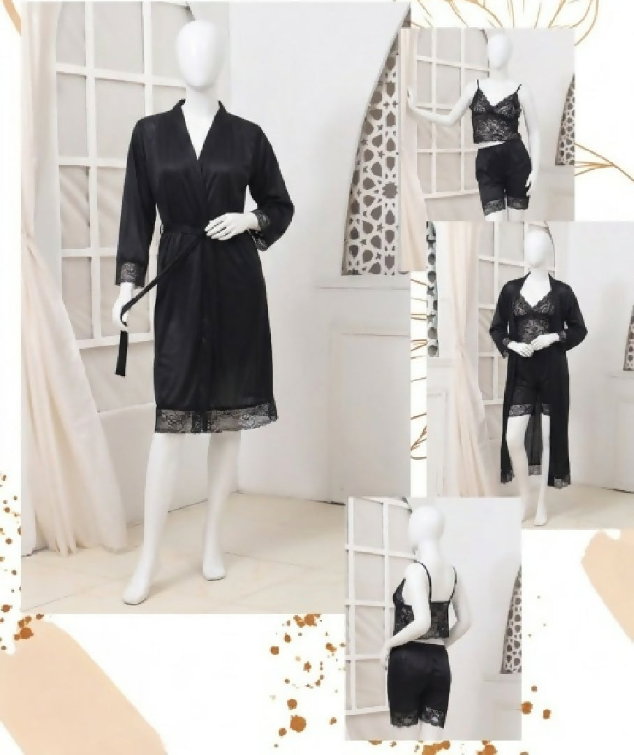 Womens Luxury Silk Nightwear Set with Black Lace 3 Piece Robe Slip Dress SKU R-011 Free Size