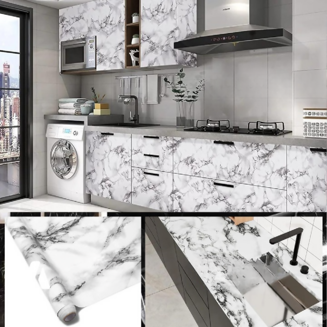 Self Adhesive Marble Sheet Sticker For Kitchen - 60x200 Cupboard Wall - Anti Oil And Heat Resistant - Black