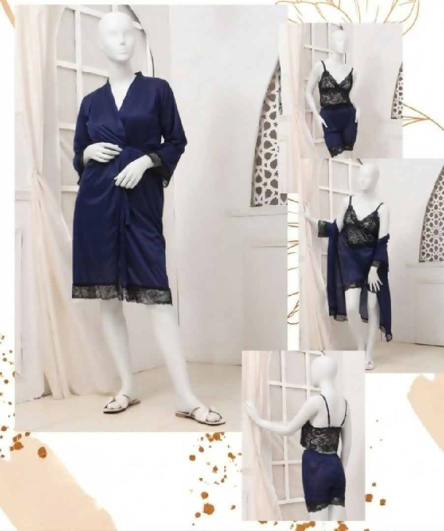 Womens Luxury Silk Nightwear Set with Black Lace 3 Piece Robe Slip Dress SKU R-011 Free Size