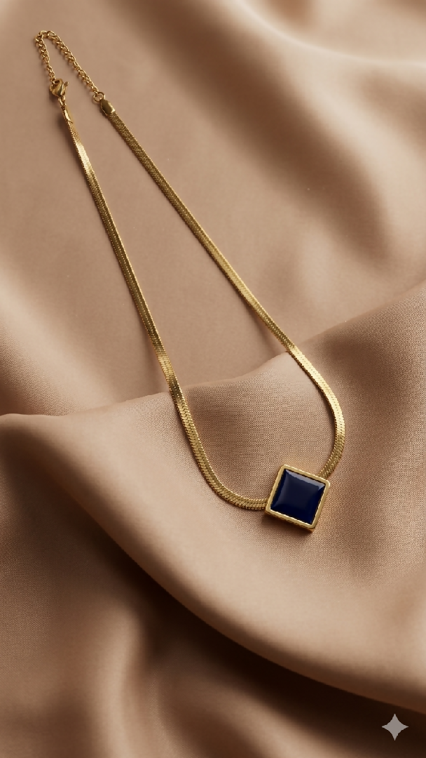Black Stone Geometric Stainless Steel Herringbone Necklace