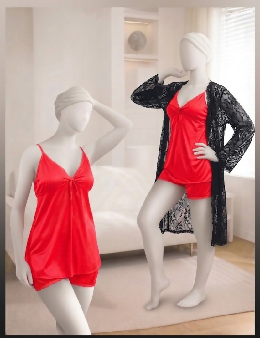 3-Piece Womens Sleepwear Set Camisole Shorts Lace Gown Soft Satin Nightwear Free Size