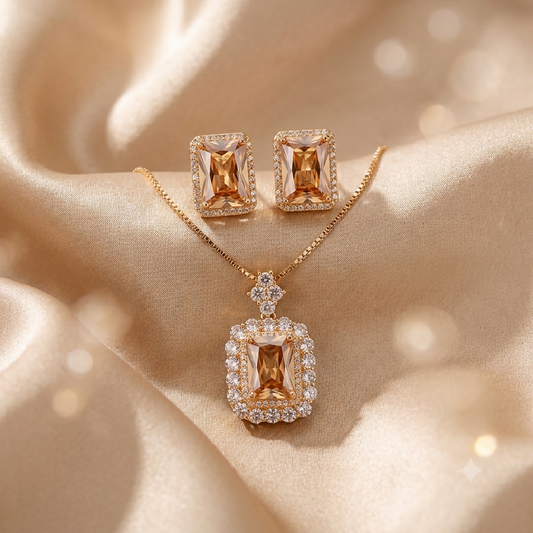 Zircon Emerald Cut Halo Set in Champagne