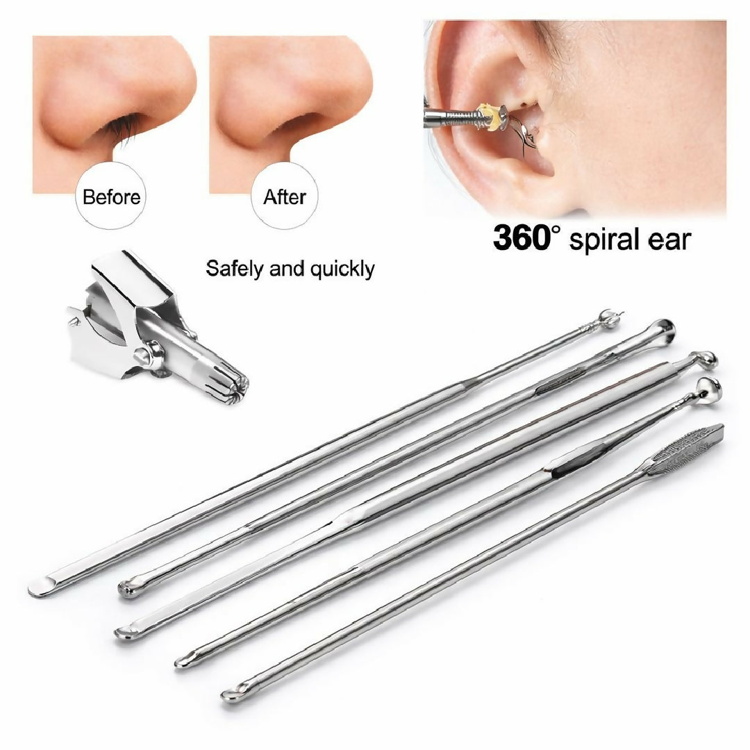 Ear Wax Cleaning Kit 6Pcs and Stainless Steel Manual Nose Trimmer - Nose Ear Hair Face Care Shaving Kit for Men - Washable Grooming Set