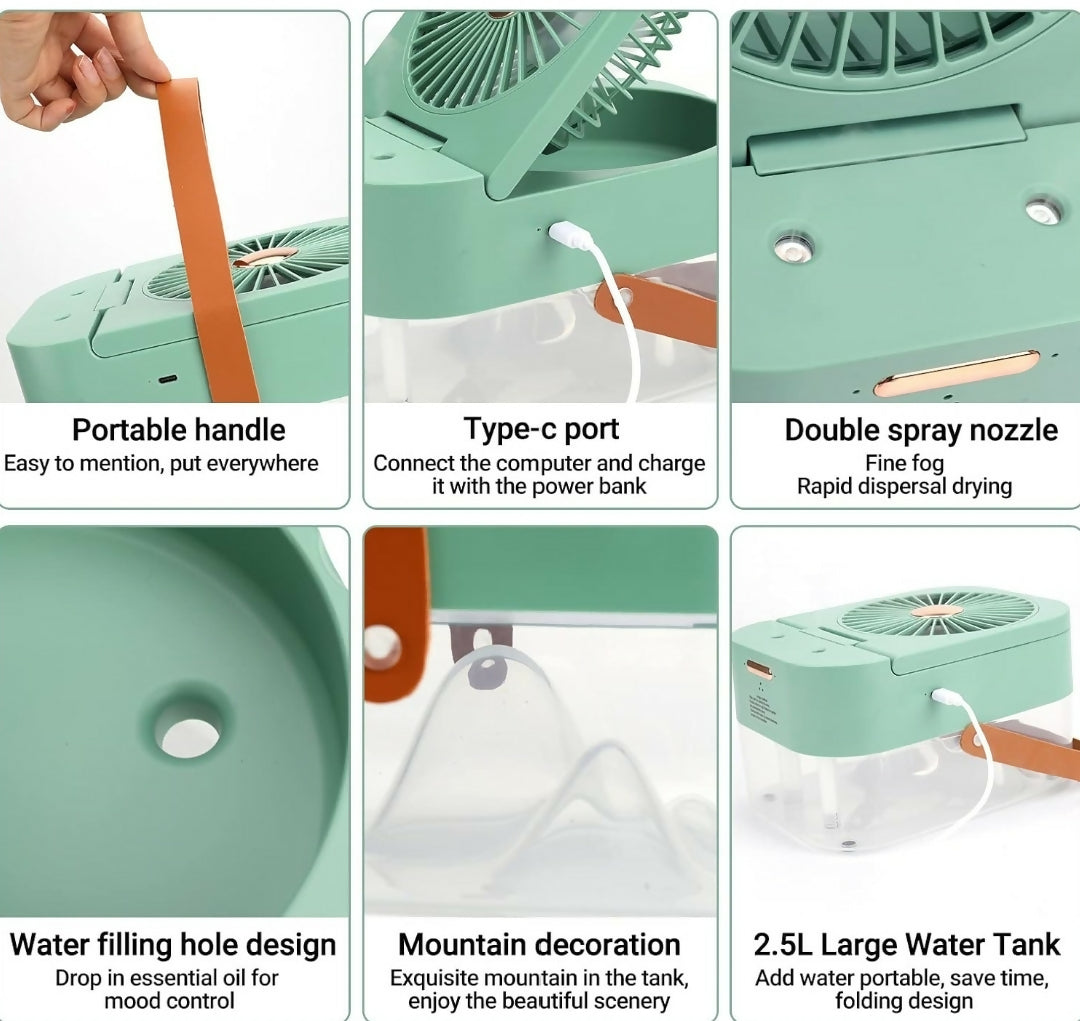 Mini Fan with Cool Mist - Portable Air Cooler - USB Table Fan - Desk Fan with 3 Wind Modes and Brightness Adjustment - Table Fan for Home - Office