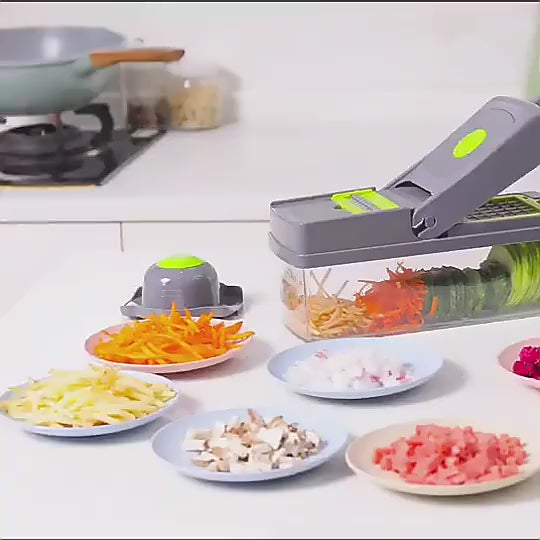 16-In-1 Multifunctional Vegetable Chopper-Slicer with Colander Basket and Storage Container - Heavy Duty Manual Food Cutter