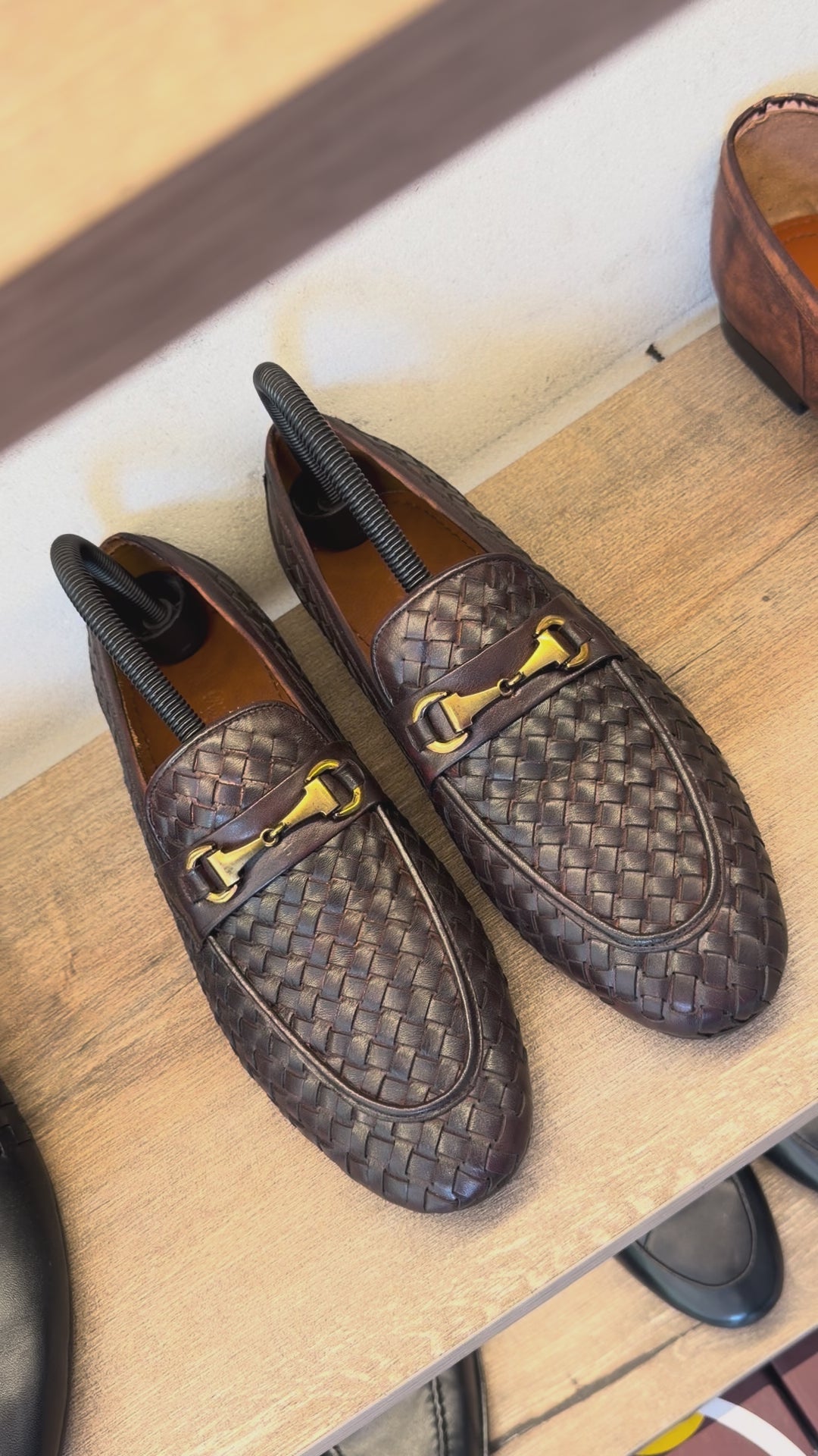 7602 COFFEE Premium Rich Coffee Tone Woven Leather Loafer with Elegant Gold Buckle Detail