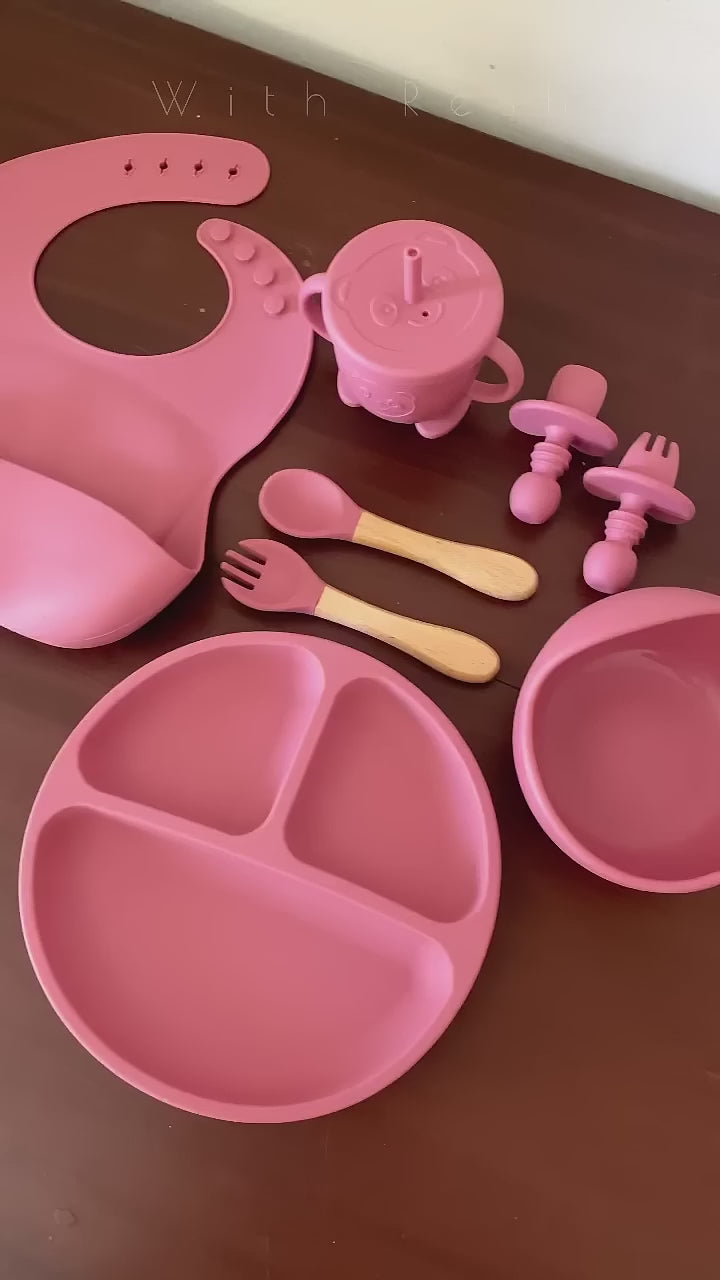 Premium Silicone Baby Feeding Set 6 Piece BPA Free Suction Base Ergonomic Design for Self Feeding green