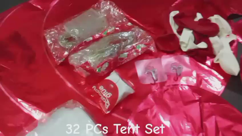 32 Pcs Romantic Tent Decoration Set With Red White Balloons Foil Heart LED Lights White Curtain Backdrop For Bedroom
