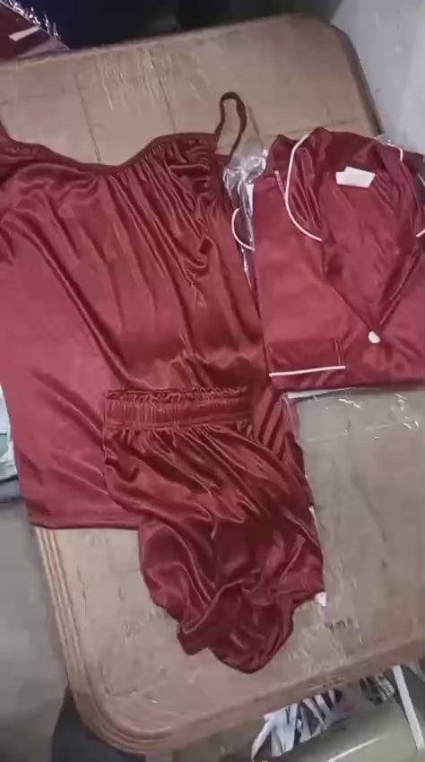 Couple Night Dress - Night Suit - Silk Sleepwear Set - 4-Piece Camisole and Shirt with Shorts