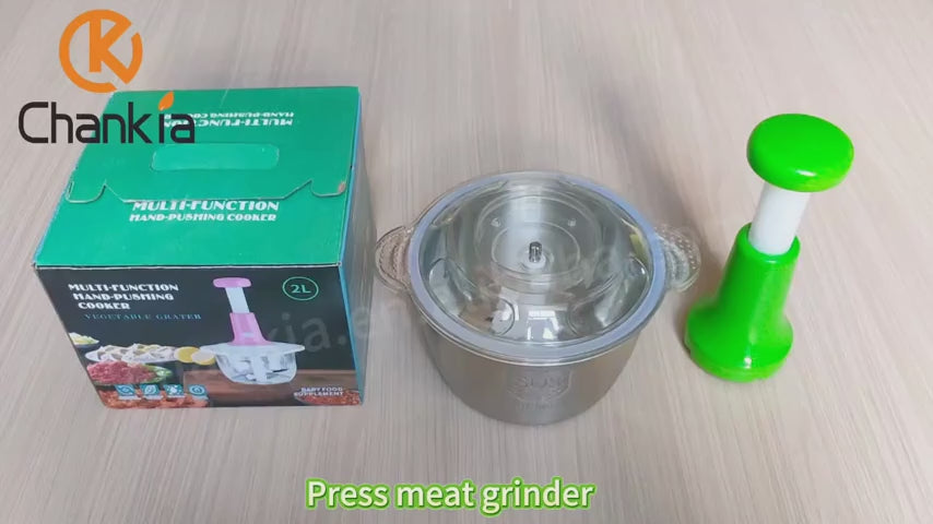 Large 2L Bowl Effortless Vegetable Chopper and Meat Mincer Manual Hand-Press Food Processor
