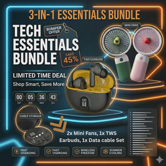 Tech Essential Bundle Mini fans Tws ear buds 5 in 1 data cable set