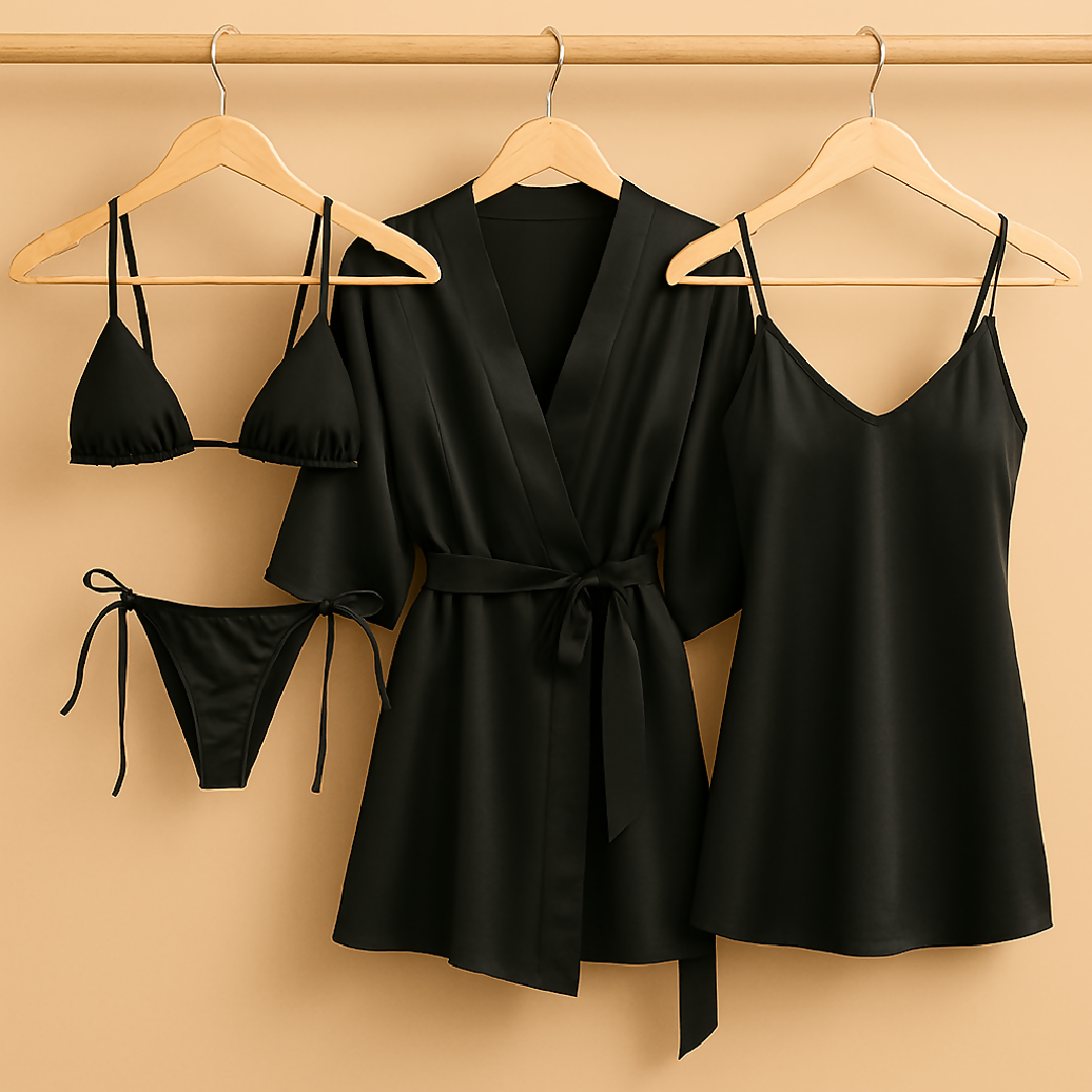 4 Pcs-Style Satin Lingerie Set - Bikini Slip Dress and Robe Combo - Free Size