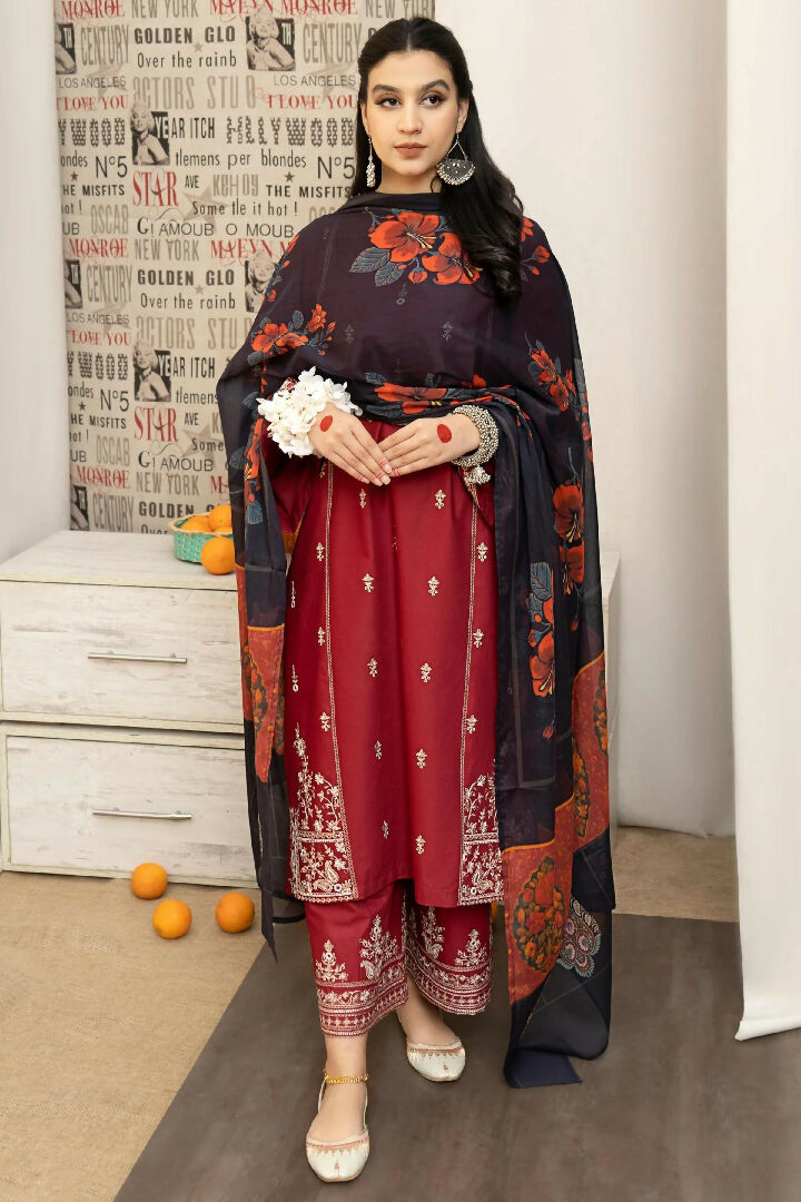 3PC LAWN EMBROIDERED SHIRT WITH MANAAR PRINTED DUPATTA AND EMBROIDERED TROUSER - HZG1595