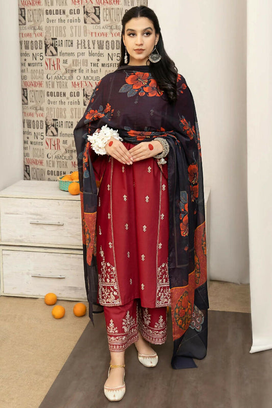 3PC LAWN EMBROIDERED SHIRT WITH MANAAR PRINTED DUPATTA AND EMBROIDERED TROUSER - HZG1595