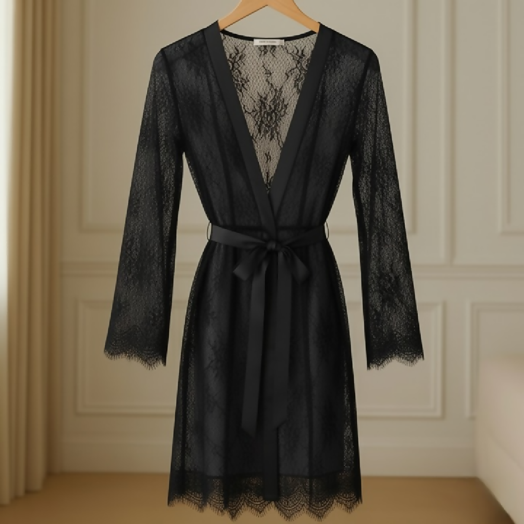 Single Pcs Womens Net Transparent Sheer Lace Robe Gown - Long Sleeve Free-Size Nightwear
