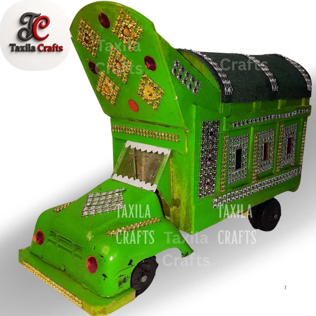 Handmade Light Green Mini Truck Art Decorative Showpiece Wooden and Hardboard Model 11 Inch