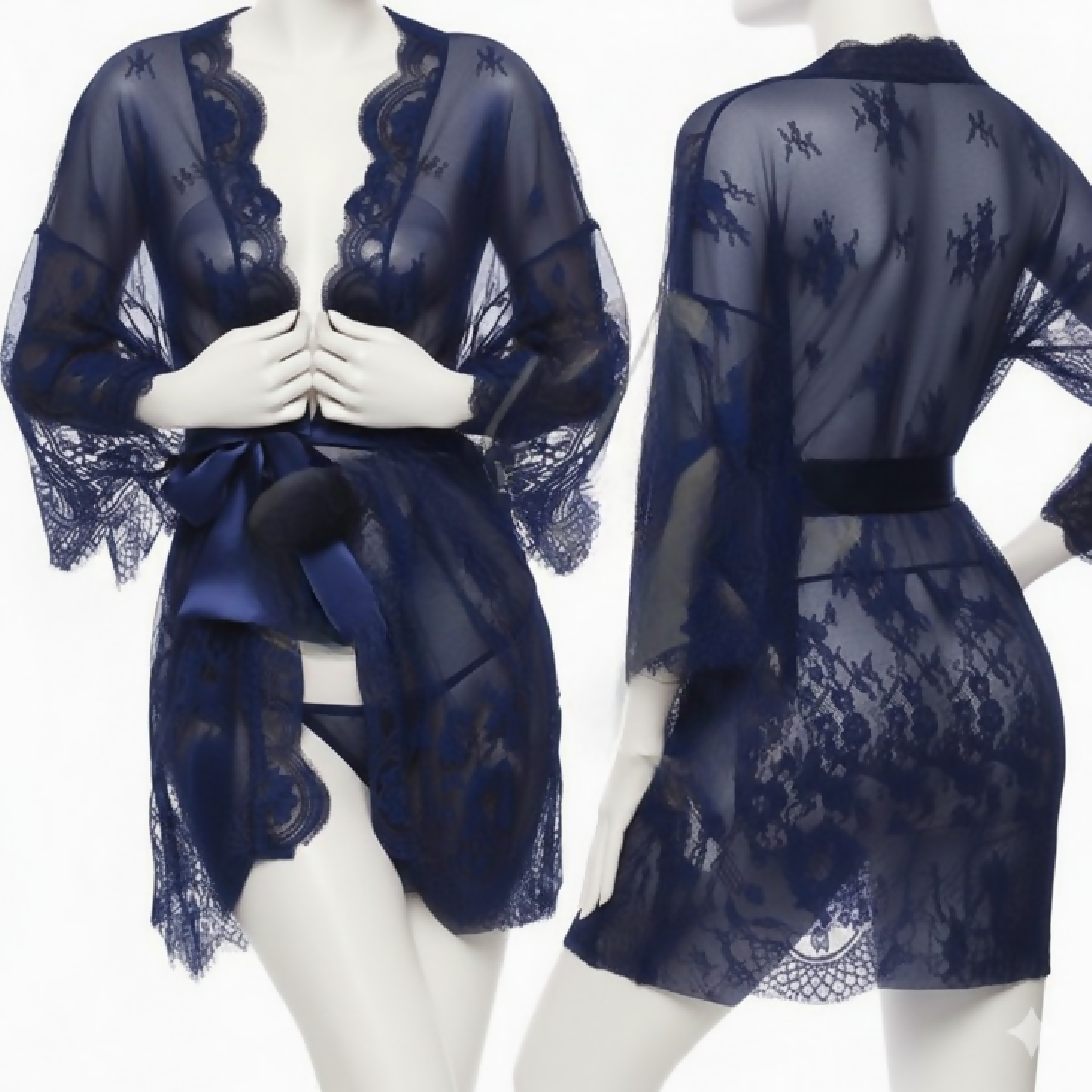 Single Pcs Womens Net Transparent Sheer Lace Robe Gown - Long Sleeve Free-Size Nightwear