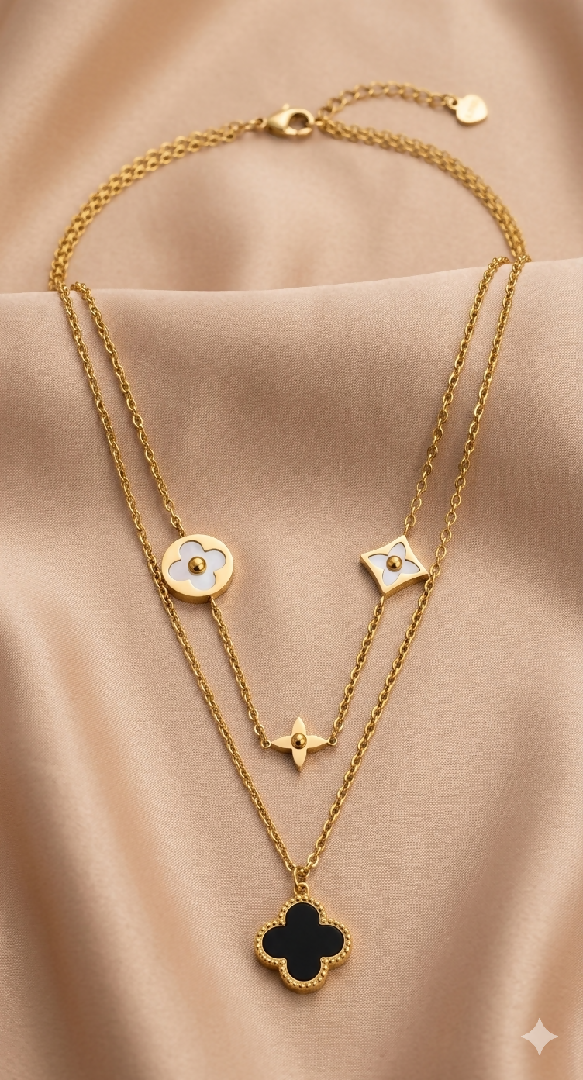Double-Layered Floral and Clover Station Necklace