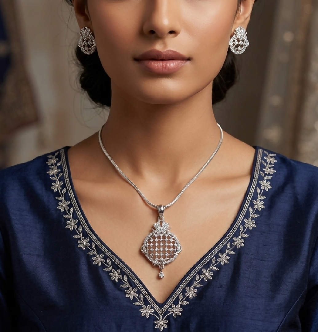 Zircon Silver Filigree Necklace and Earrings Set