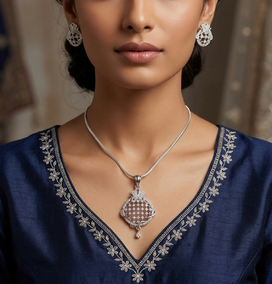 Zircon Silver Filigree Necklace and Earrings Set