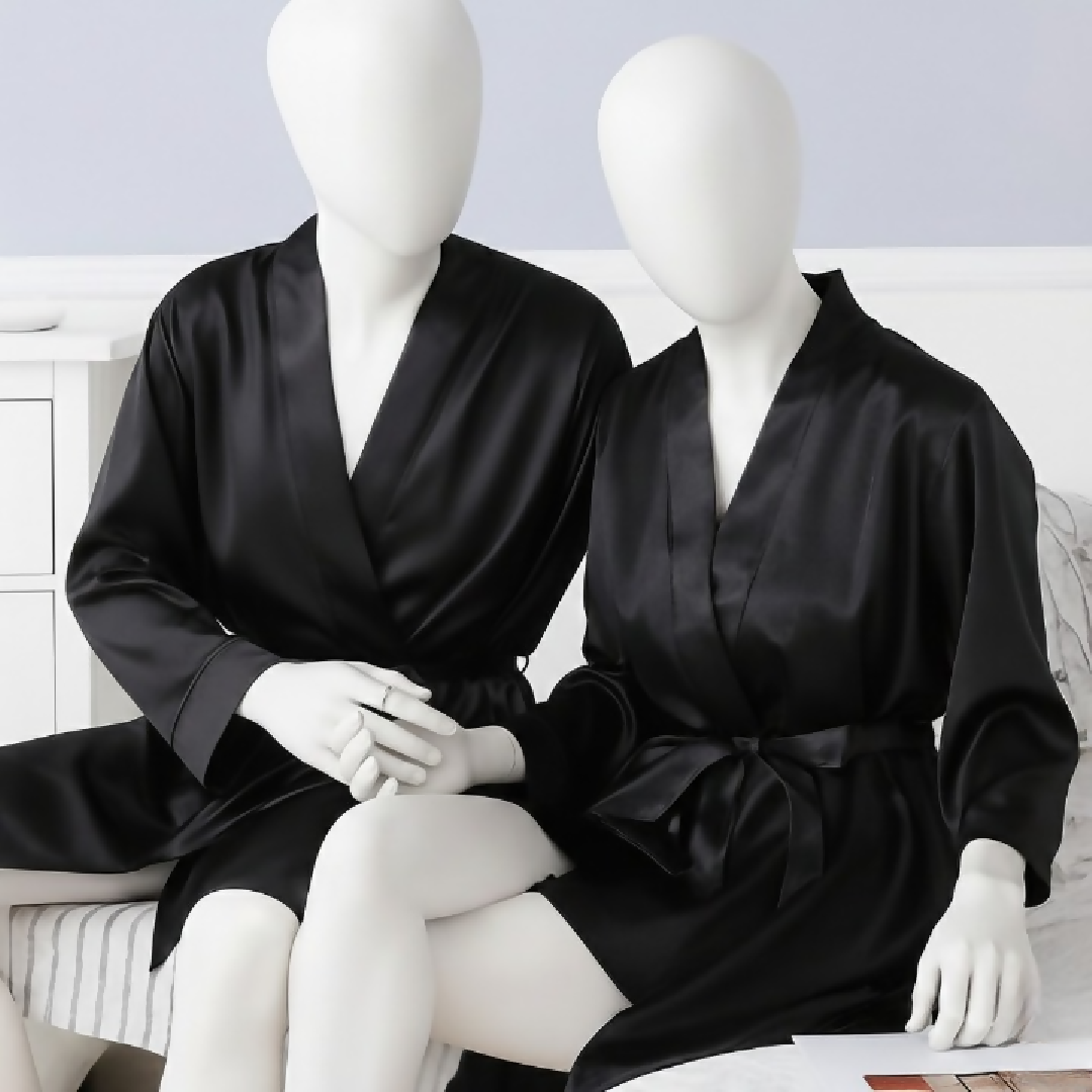 Elegant Silk Couple Gown - Robe Set - Wrap Style with Waist Belt - 2 Pcs