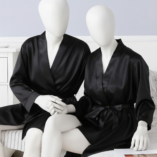 Elegant Silk Couple Gown - Robe Set - Wrap Style with Waist Belt - 2 Pcs