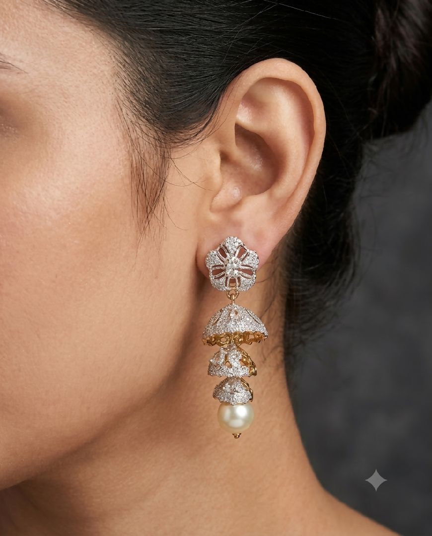 Zircon Floral Jhumka Earrings with Pearl Drops