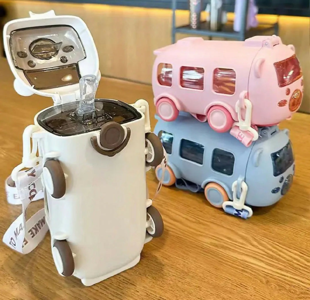 Imported 600ml Bus Water Bottle Kids Cute Bus Shape Strap Sipper Straw Leakproof BPA Free Random Colour