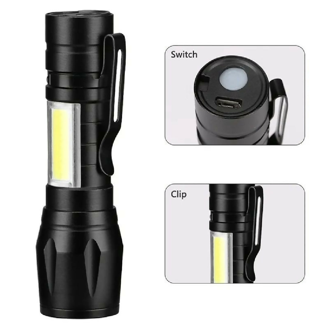 Portable LED Flashlight - Mini Rechargeable Torch with Side Light and Waterproof Metal Body