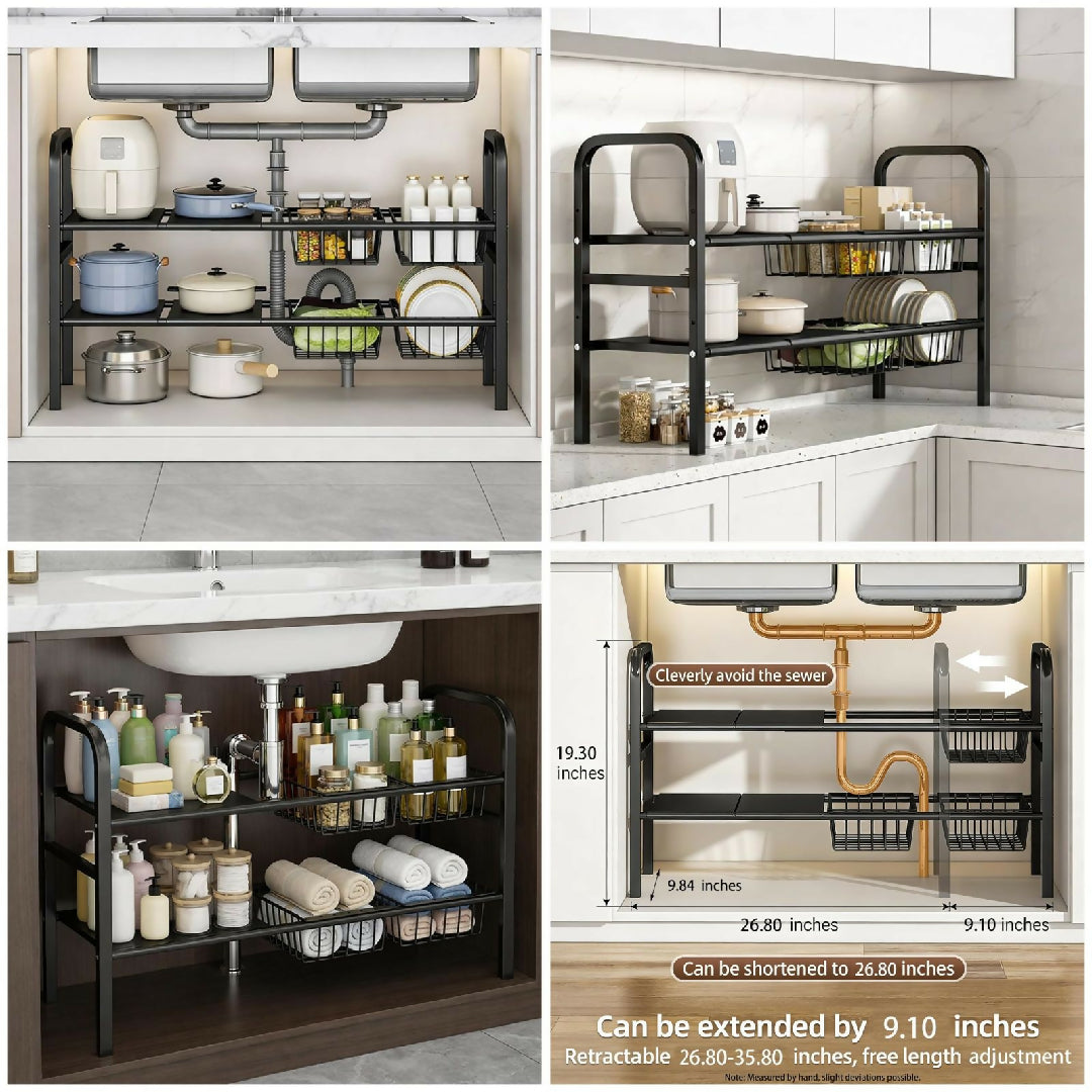 Expandable Under Sink Organizer 2 Tier Carbon Steel Storage Rack for Double Sink Cabinet