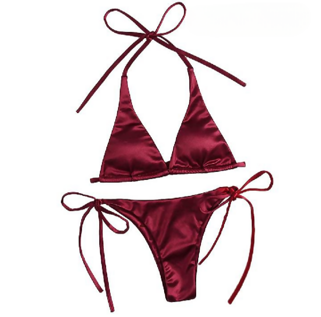 Womens Bikini Set - Halter Neck Triangle Top and Adjustable Side-Tie Bottom
