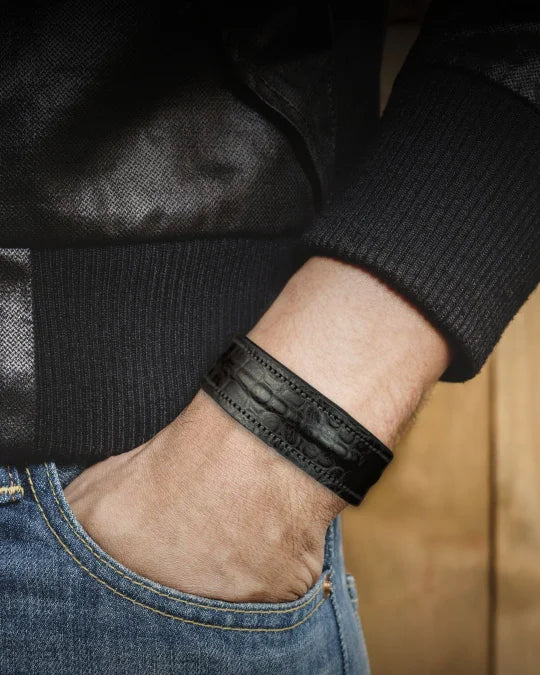 The Grit - Black Croc - Kara Style Leather Bracelet / Leather Cuff