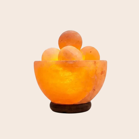 Hand-Carved Himalayan Salt Bowl Lamp | Decorative Wellness Centerpiece with 5 Salt Spheres