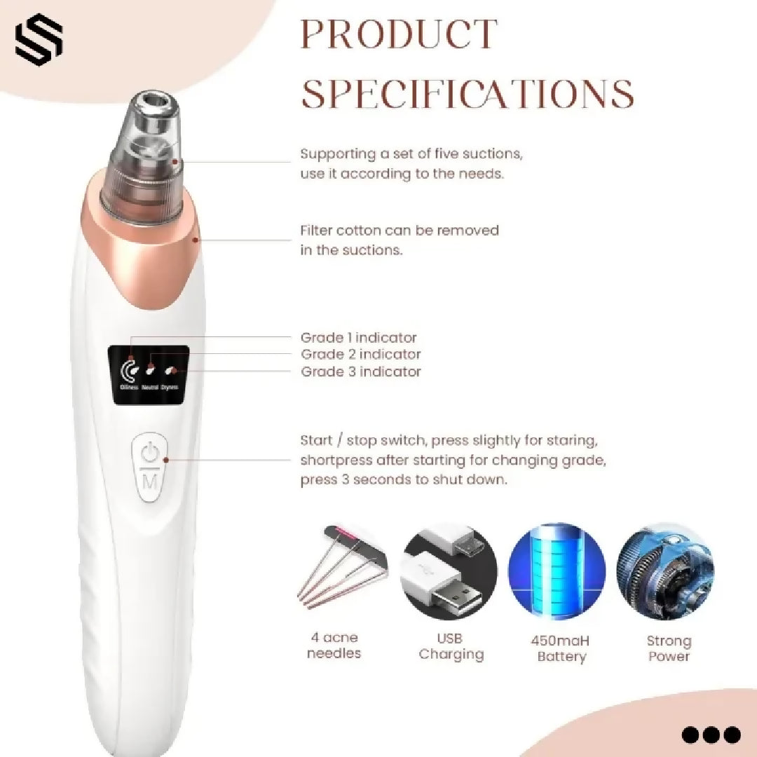 Blackhead Removal Machine Derma Suction 5 In 1 Black Head Remover Machine Acne Pimple Pore Cleaner Vacuum Tool Rechargeable Machine Oil Remover Multi-Functional Skin Care Tools Facial Beauty Device Whitehead Remover Deep face dust Cleaner
