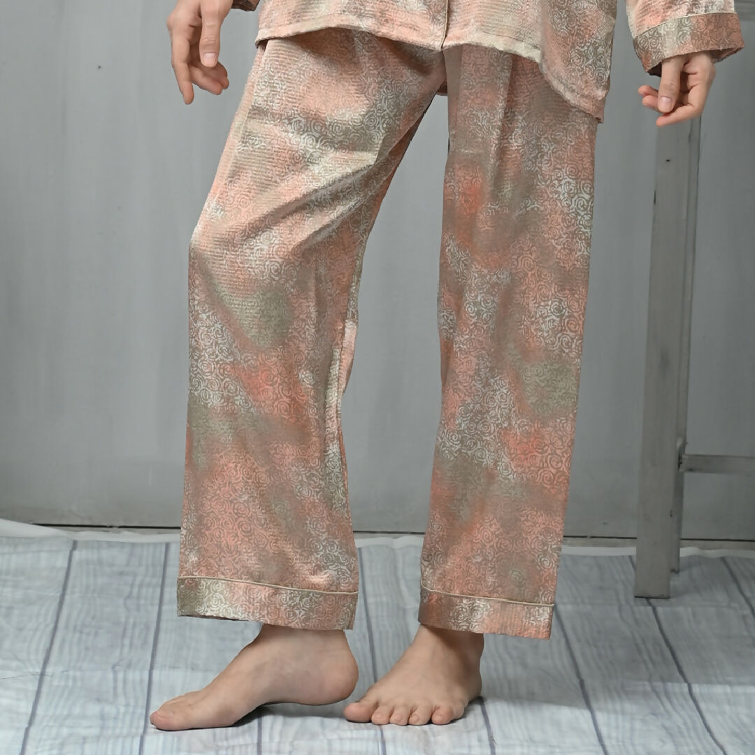 Premium Peach Printed Satin Pajama Set for Women – Button-Down Nightwear