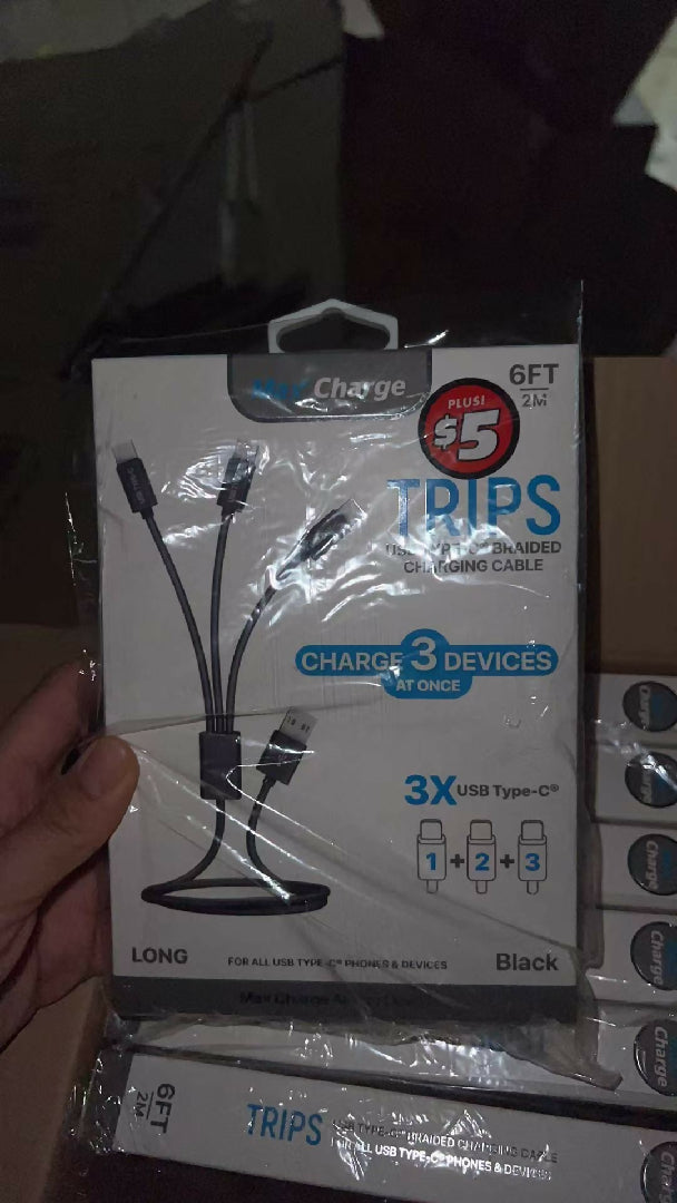 3 in 1 Braided USB Type C Charging Cable 6FT TRIPS Charge 3 Devices type C Simultaneously Cable for Type C Phones And Tablets