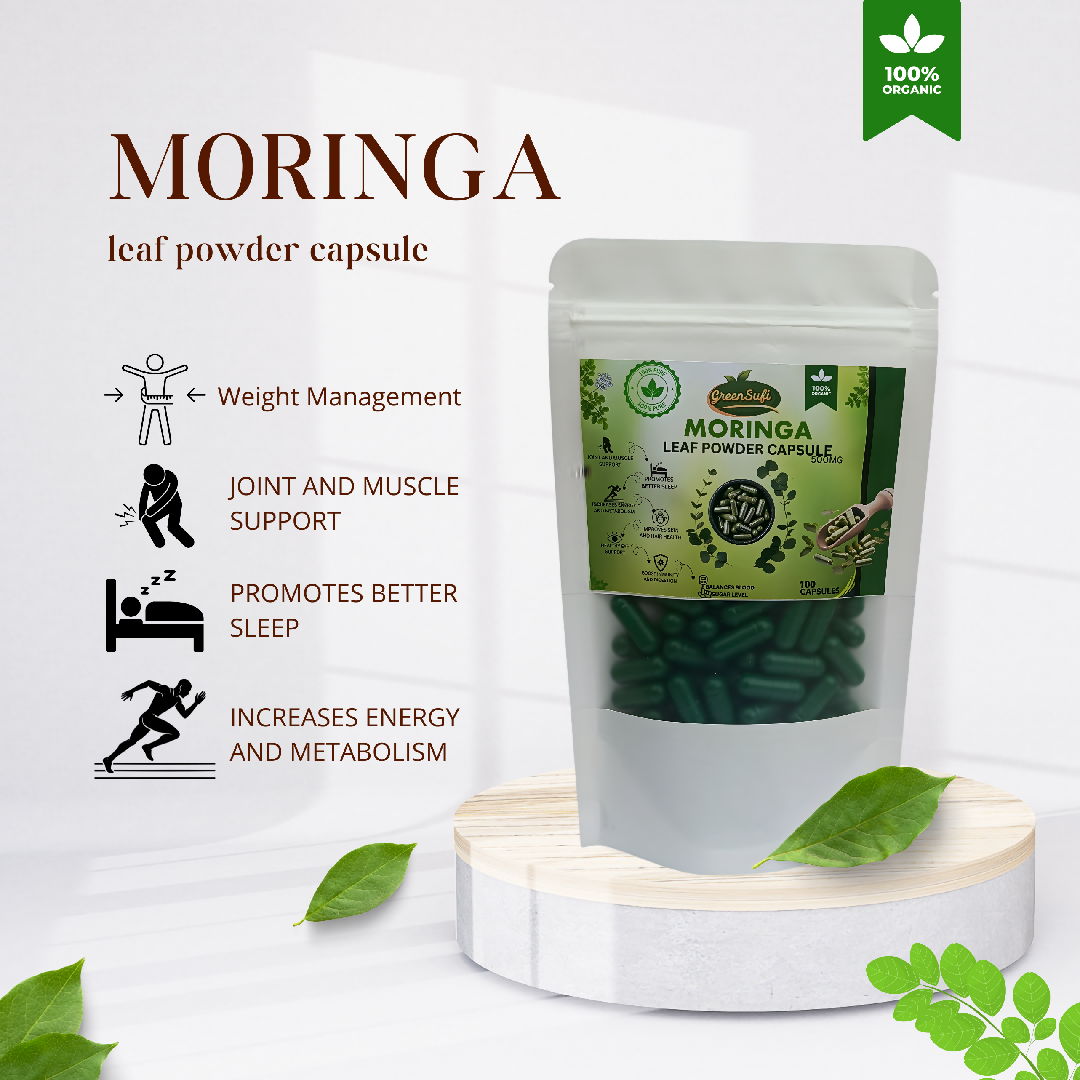 GreenSufi Moringa Oleifera Capsules 100 Count 500mg Per Capsule Pure Organic Sohanjna Herbal Supplement