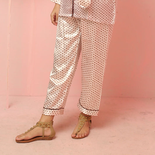 Womens Polka Dot Satin Nightwear Pajama Set – Soft Silk Feel Button-Down Sleepwear with Full Sleeves