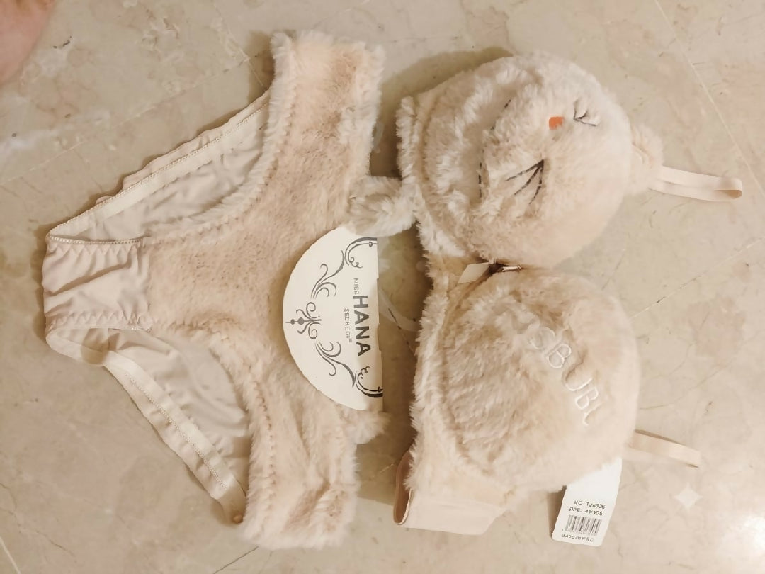 Copy of Cute Fur Style Double Padded Woolen Bikini Set Soft Beige Plush Bra Panty Lingerie Set