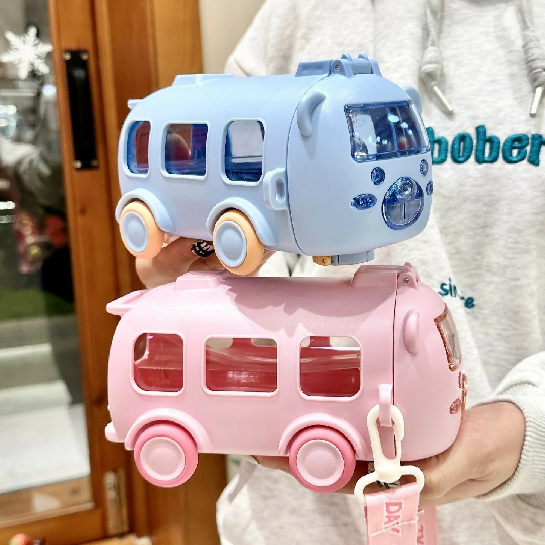 Imported 600ml Bus Water Bottle Kids Cute Bus Shape Strap Sipper Straw Leakproof BPA Free Random Colour
