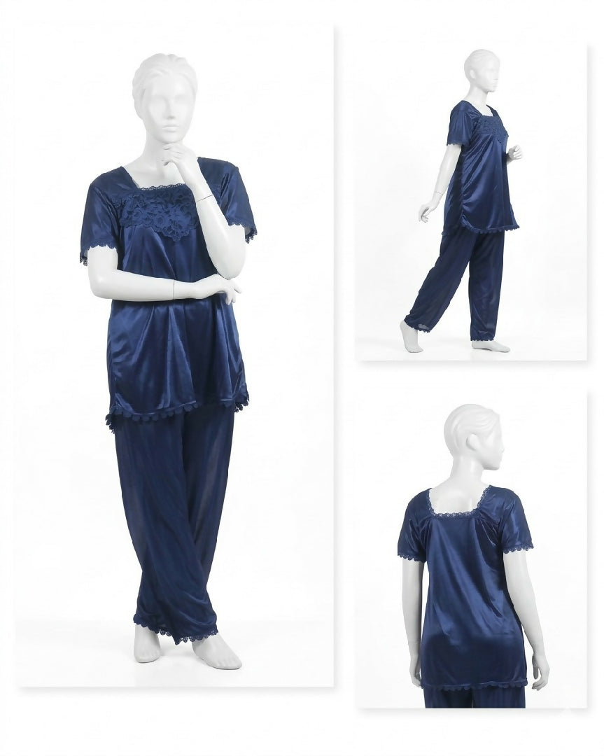 2 Pcs Premium Silk Lace Womens Sleepwear Set T-Shirt Trouser Nightwear Free Size