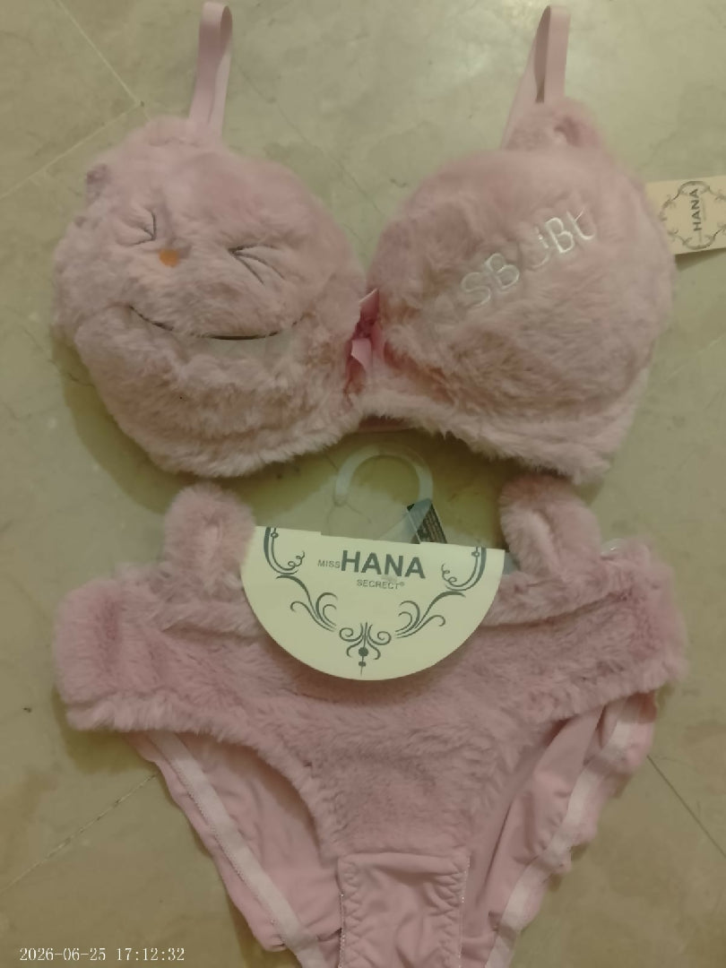 Copy of Cute Fur Style Double Padded Woolen Bikini Set Soft Pink Plush Bra Panty Lingerie Set
